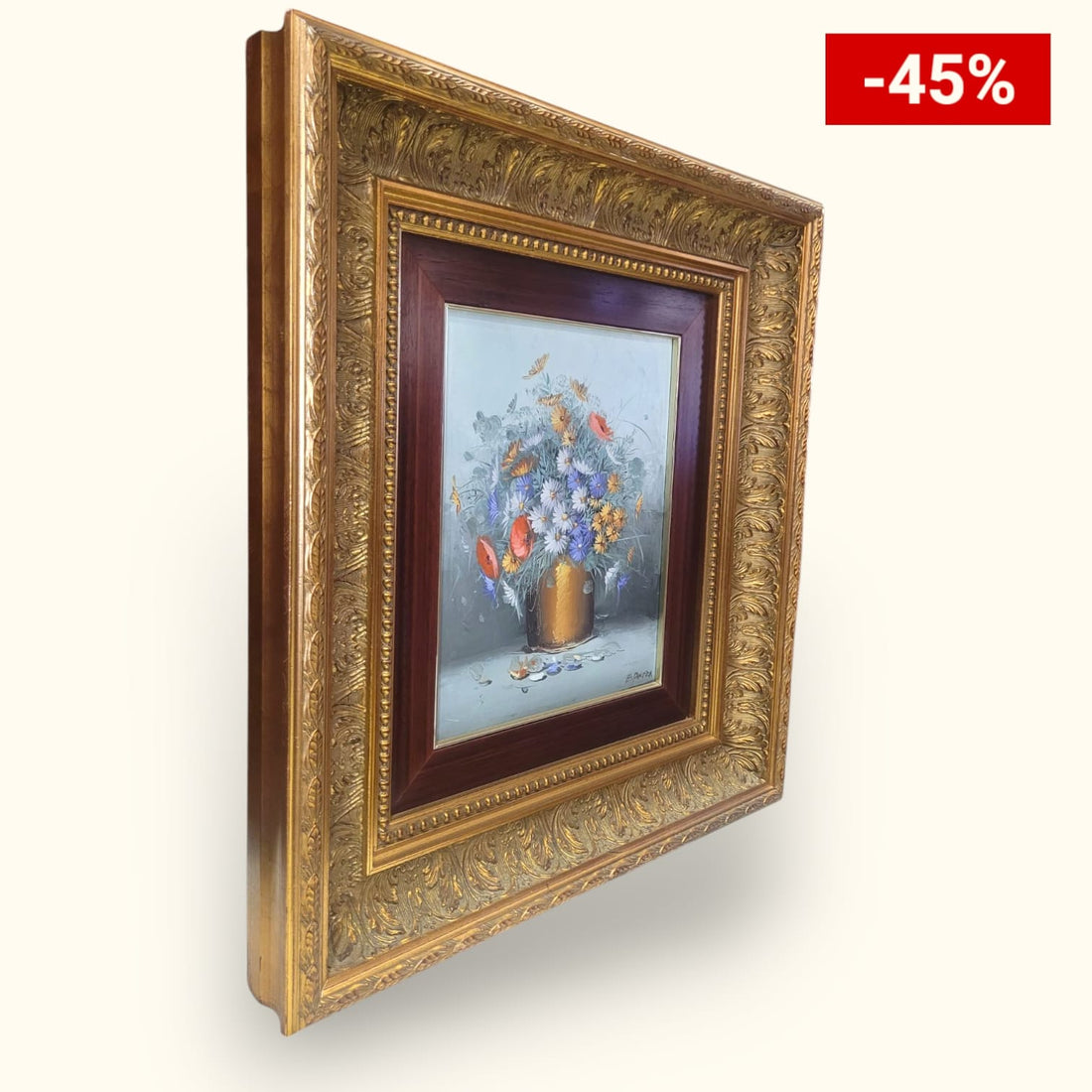 Óleo Sobre Lienzo Floral con Marco Dorado - Arte Decorativo - Cositas Antiguas – La Guadaña, Anticuarios Online en Jerez , vender antigüedades, muebles antiguos