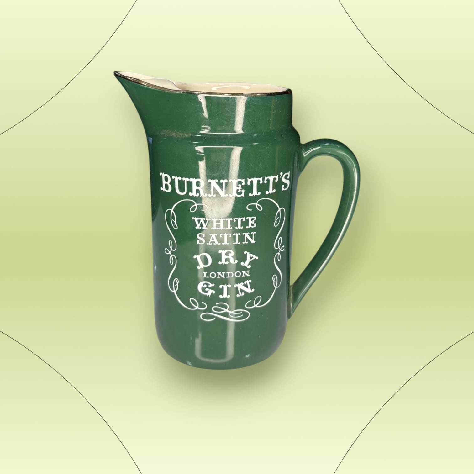 Jarra de cerámica verde Burnett’s White Satin Dry Gin - Cositas Antiguas – La Guadaña, Anticuarios Online en Jerez , vender antigüedades, muebles antiguos