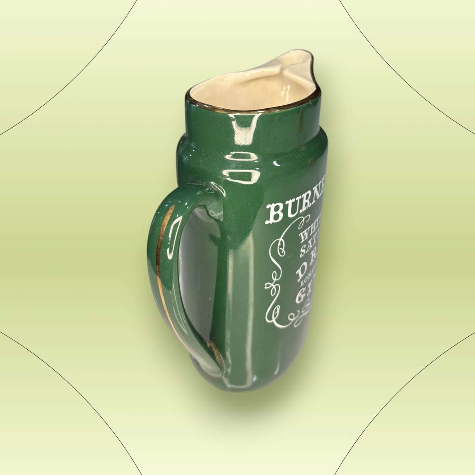 Jarra de cerámica verde Burnett’s White Satin Dry Gin - Cositas Antiguas – La Guadaña, Anticuarios Online en Jerez , vender antigüedades, muebles antiguos