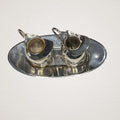 Pareja de jarritas vintage de metal plateado con bandeja - Cositas Antiguas – La Guadaña, Anticuarios Online en Jerez , vender antigüedades, muebles antiguos