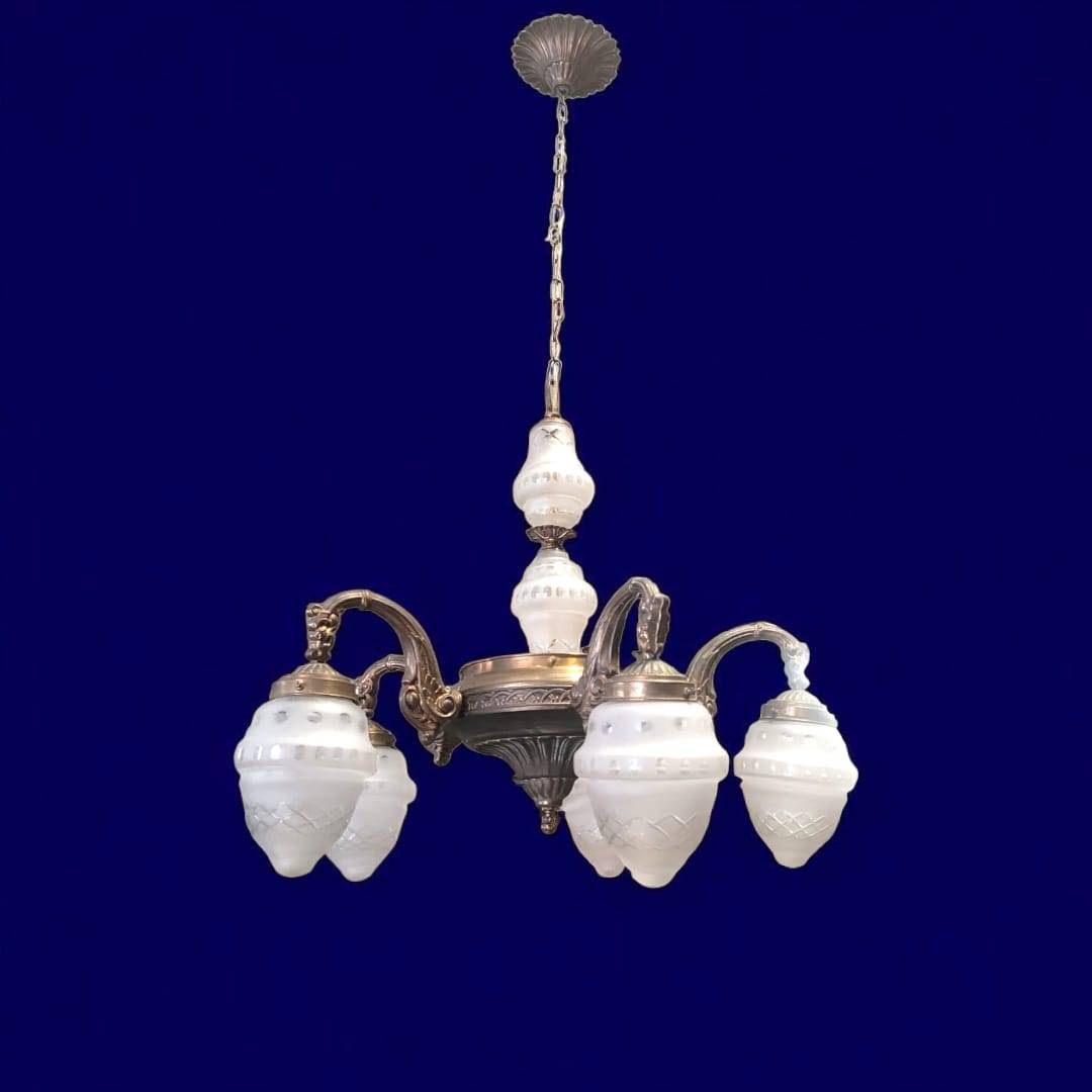 Lámpara antigua de 5 brazos con cabezales de cristal - Cositas Antiguas – La Guadaña, Anticuarios Online en Jerez , vender antigüedades, muebles antiguos