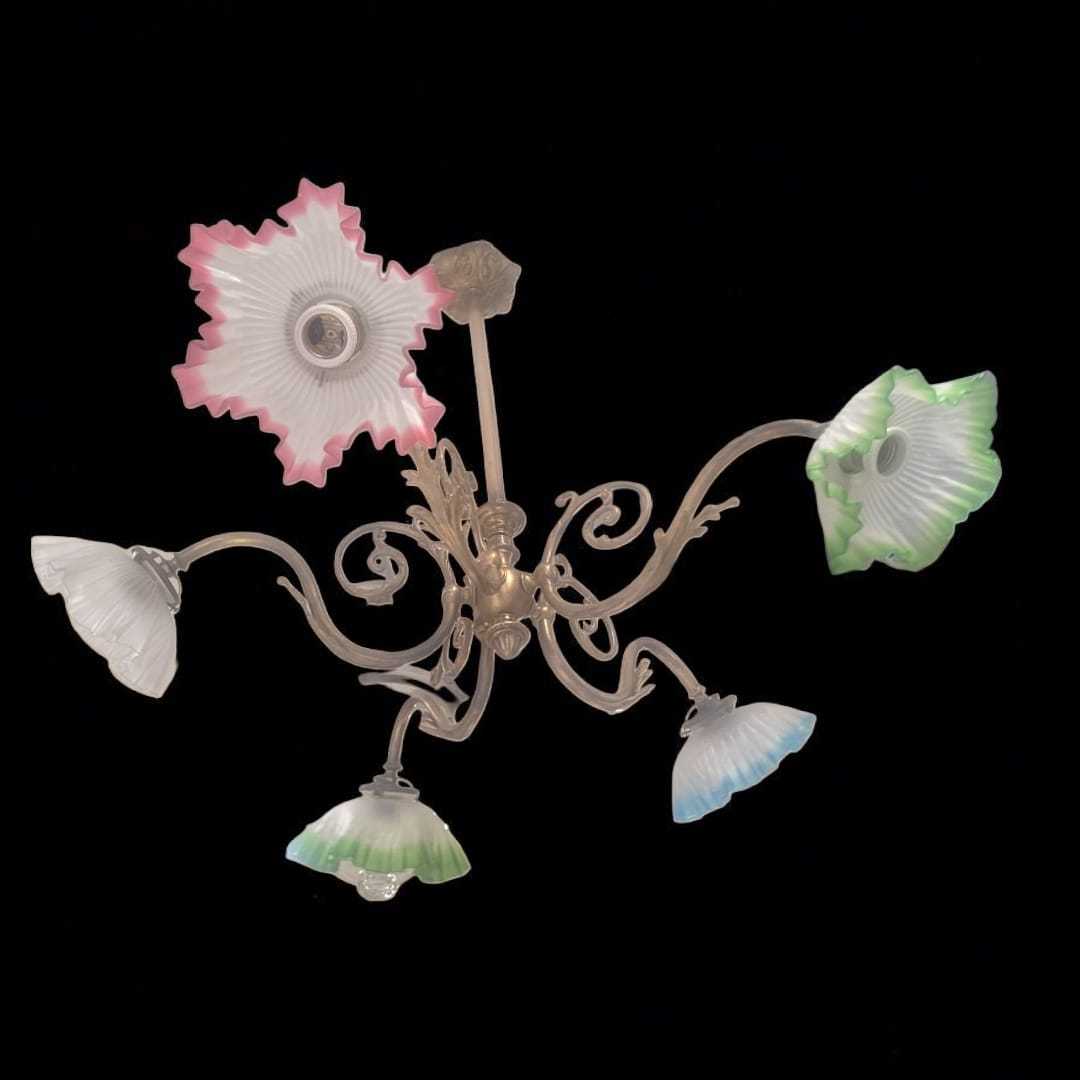 Lámpara de techo vintage con 5 tulipas de colores únicos - Cositas Antiguas – La Guadaña, Anticuarios Online en Jerez , vender antigüedades, muebles antiguos