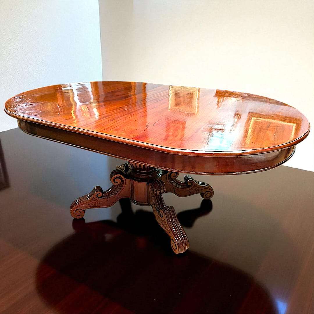 Mesa comedor de caoba con pedestal tallado - pieza única - Cositas Antiguas – La Guadaña, Anticuarios Online en Jerez , vender antigüedades, muebles antiguos
