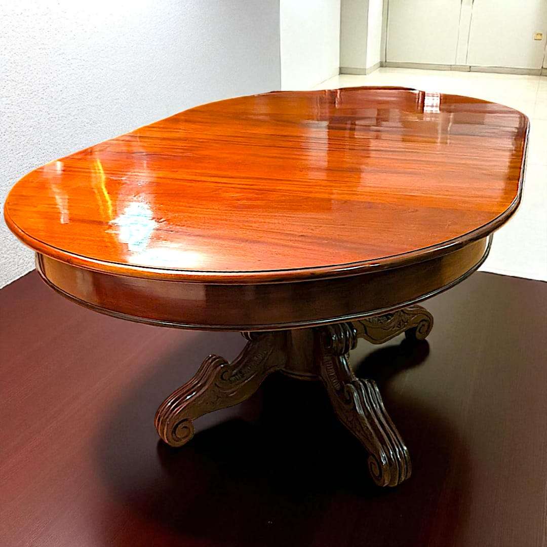 Mesa comedor de caoba con pedestal tallado - pieza única - Cositas Antiguas – La Guadaña, Anticuarios Online en Jerez , vender antigüedades, muebles antiguos