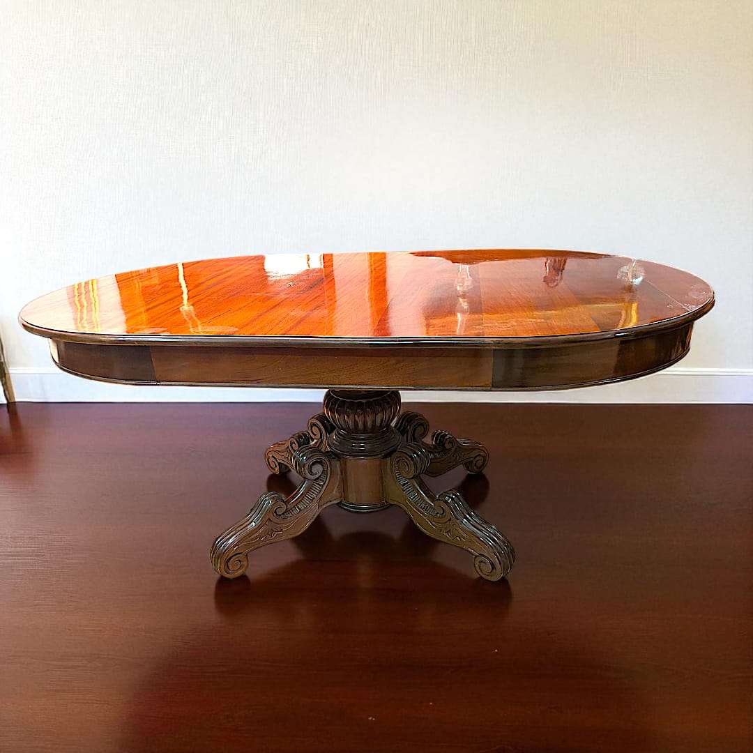 Mesa comedor de caoba con pedestal tallado - pieza única - Cositas Antiguas – La Guadaña, Anticuarios Online en Jerez , vender antigüedades, muebles antiguos