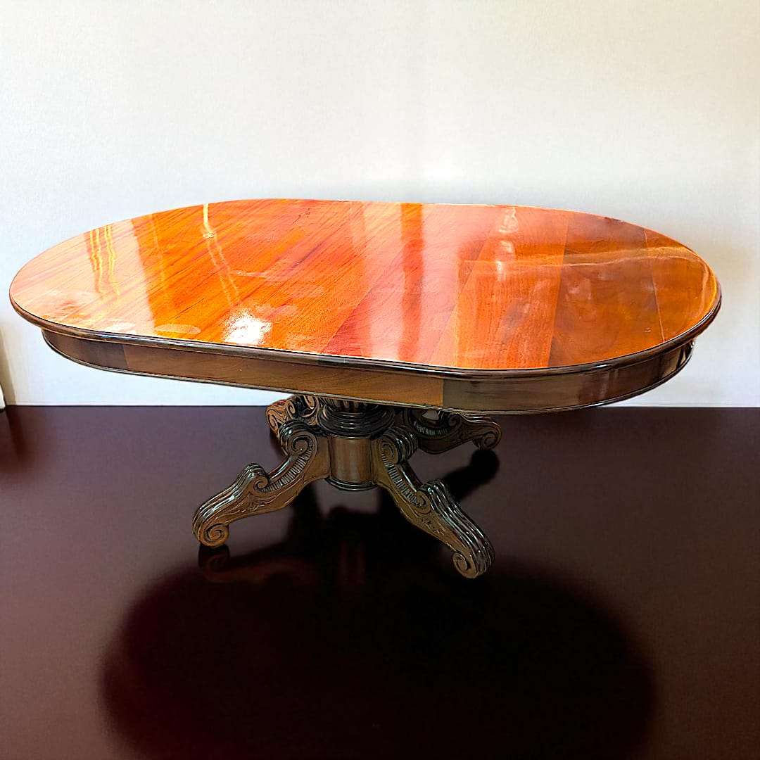 Mesa comedor de caoba con pedestal tallado - pieza única - Cositas Antiguas – La Guadaña, Anticuarios Online en Jerez , vender antigüedades, muebles antiguos