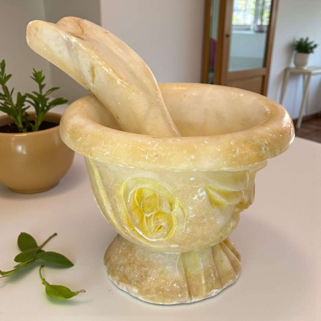 Mortero de Alabastro Antiguo: Arte y Funcionalidad - Cositas Antiguas – La Guadaña, Anticuarios Online en Jerez , vender antigüedades, muebles antiguos