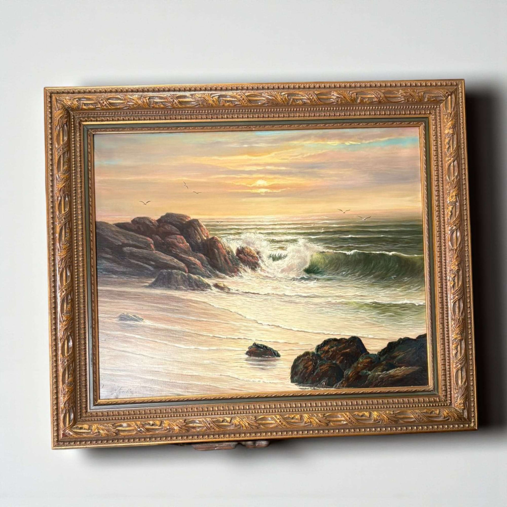 Óleo de marina firmado por J. Freidia – Playa al atardecer - Cositas Antiguas – La Guadaña, Anticuarios Online en Jerez , vender antigüedades, muebles antiguos
