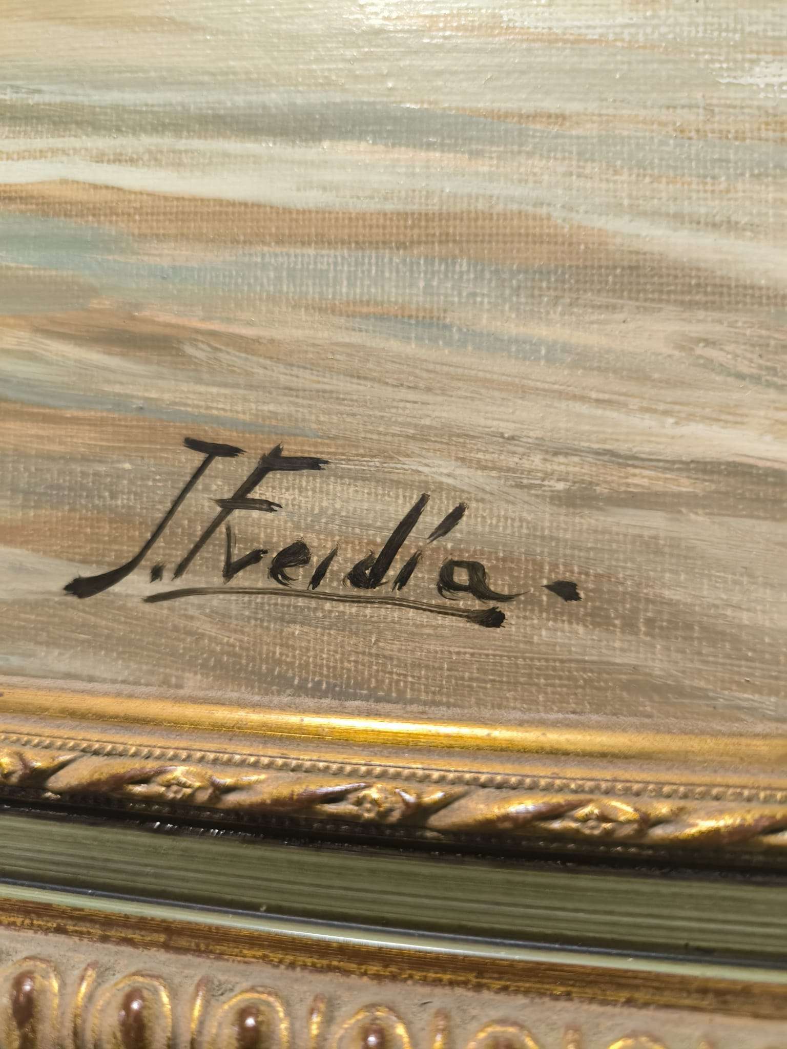 Óleo de marina firmado por J. Freidia – Playa al atardecer - Cositas Antiguas – La Guadaña, Anticuarios Online en Jerez , vender antigüedades, muebles antiguos
