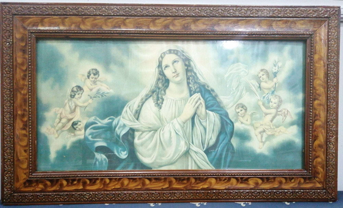 Lámina antigua de la Virgen Purísima con marco de caoba - Cositas Antiguas – La Guadaña, Anticuarios Online en Jerez , vender antigüedades, muebles antiguos