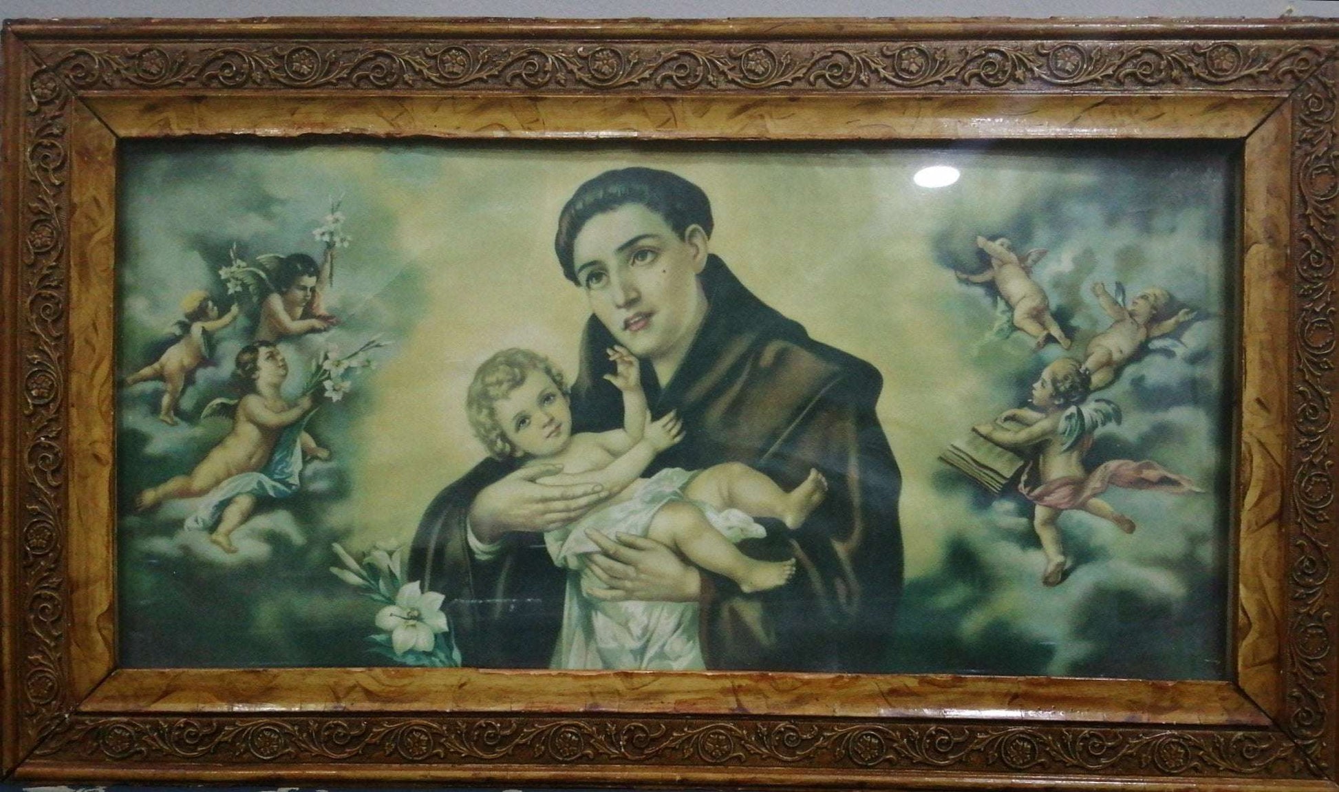 Lamina antigua de San Antonio con marco de caoba - Cositas Antiguas – La Guadaña, Anticuarios Online en Jerez , vender antigüedades, muebles antiguos