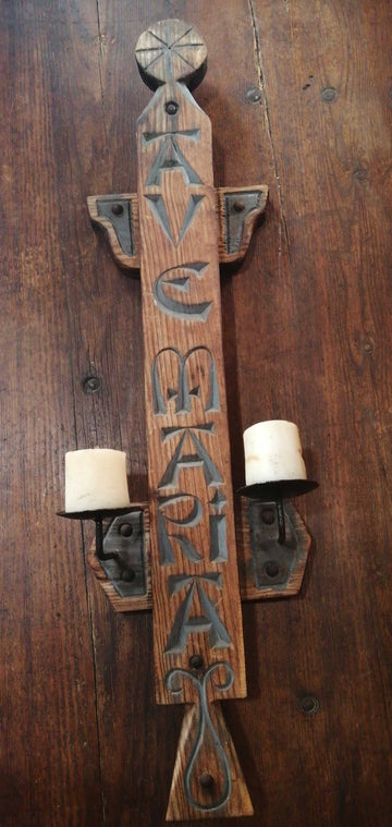 Porta velas madera y forja con “Ave Maria”, pieza antigua - Cositas Antiguas – La Guadaña, Anticuarios Online en Jerez , vender antigüedades, muebles antiguos