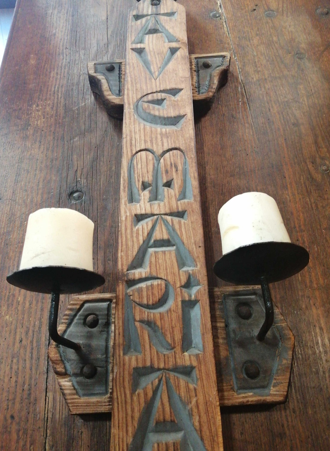 Porta velas madera y forja con “Ave Maria”, pieza antigua - Cositas Antiguas – La Guadaña, Anticuarios Online en Jerez , vender antigüedades, muebles antiguos