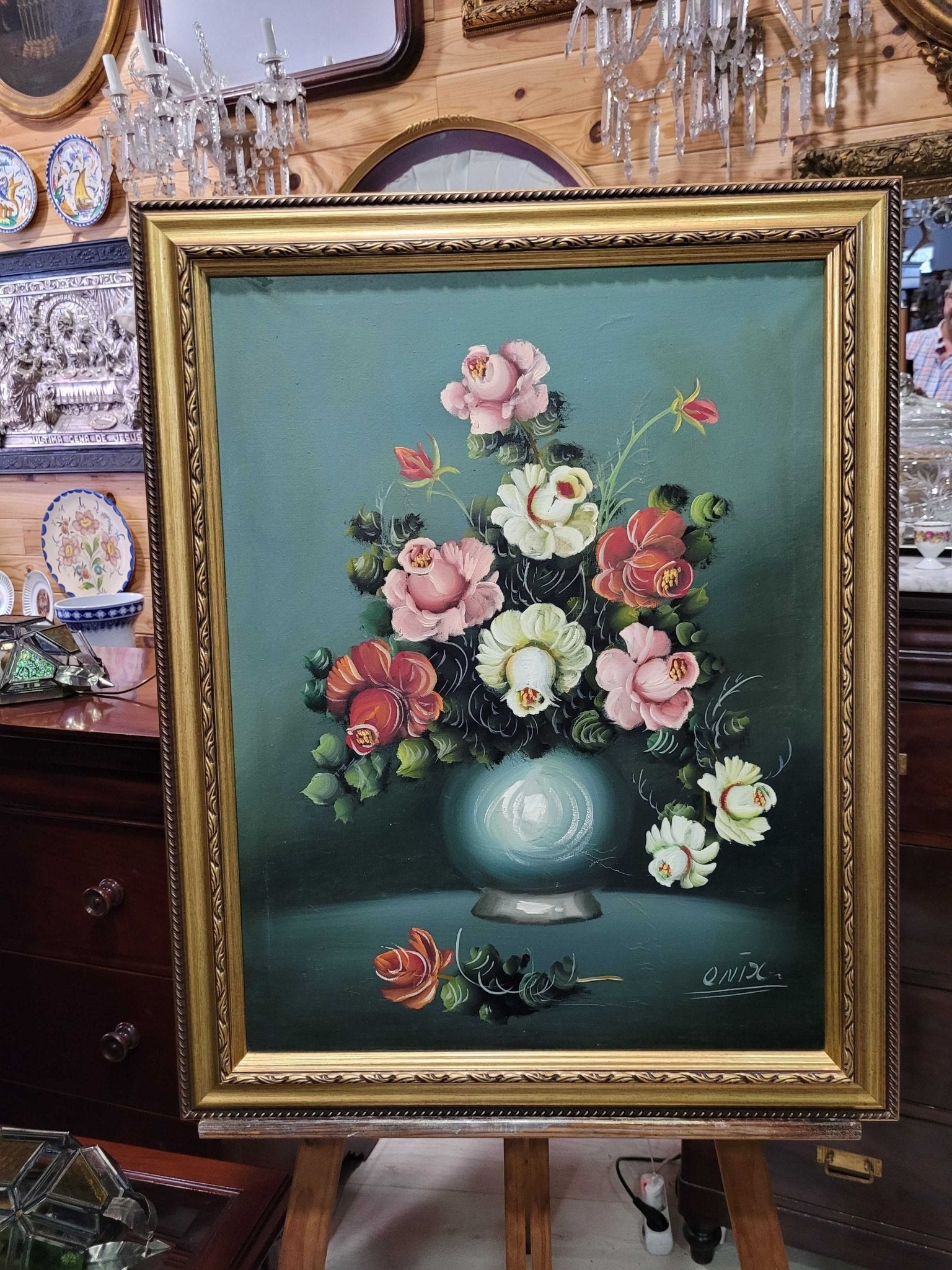 Óleo de florero con marco dorado – Firma Onix - Cositas Antiguas – La Guadaña, Anticuarios Online en Jerez , vender antigüedades, muebles antiguos