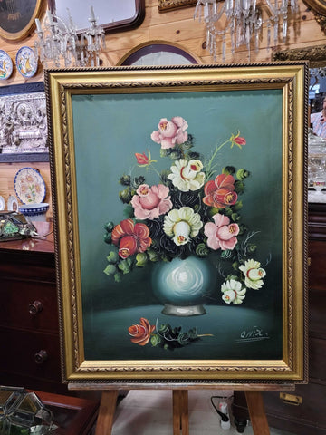 Óleo de florero con marco dorado – Firma Onix - Cositas Antiguas – La Guadaña, Anticuarios Online en Jerez , vender antigüedades, muebles antiguos