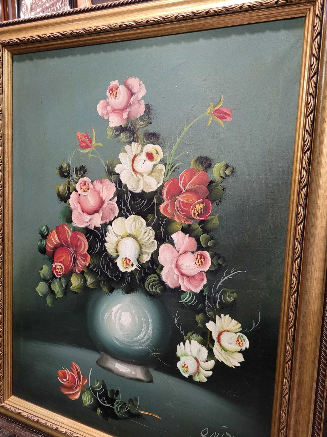 Óleo de florero con marco dorado – Firma Onix - Cositas Antiguas – La Guadaña, Anticuarios Online en Jerez , vender antigüedades, muebles antiguos