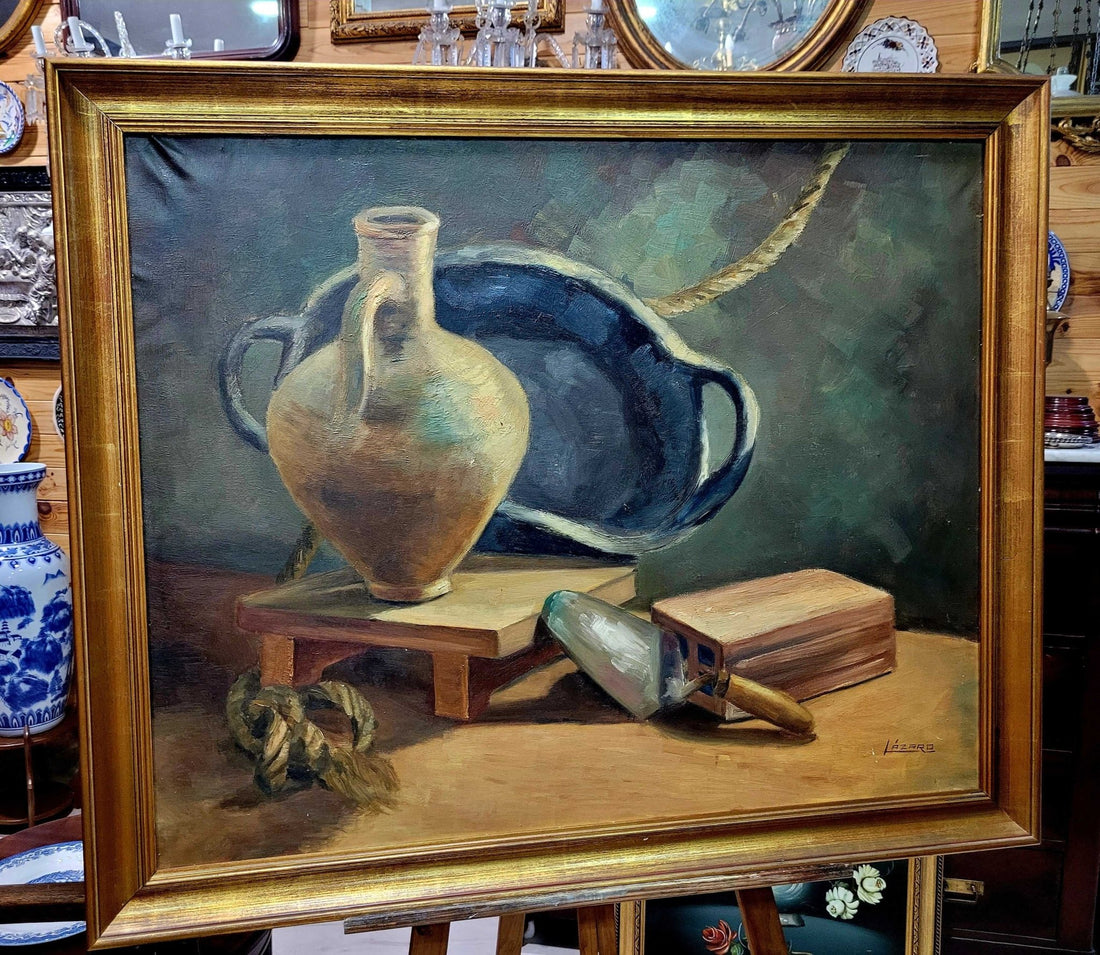 Óleo Bodegón con Marco Dorado Antiguo – Firma Lázaro - Cositas Antiguas – La Guadaña, Anticuarios Online en Jerez , vender antigüedades, muebles antiguos
