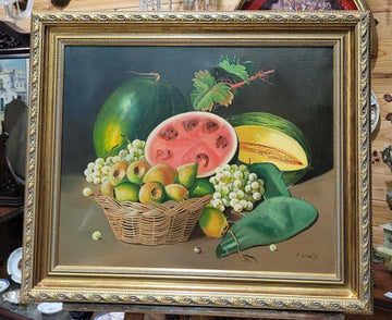 Óleo de bodegón de frutas – Artista González - Cositas Antiguas – La Guadaña, Anticuarios Online en Jerez , vender antigüedades, muebles antiguos