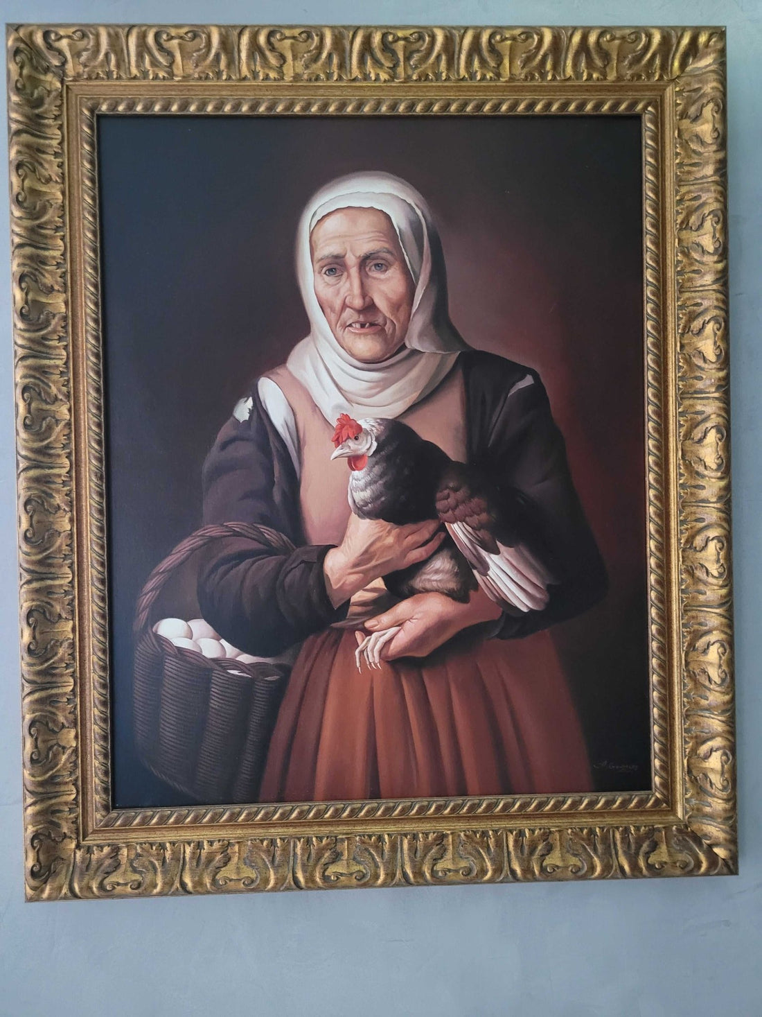 Oleo "Vieja con gallina y cesta de huevos" – Copia - Cositas Antiguas – La Guadaña, Anticuarios Online en Jerez , vender antigüedades, muebles antiguos