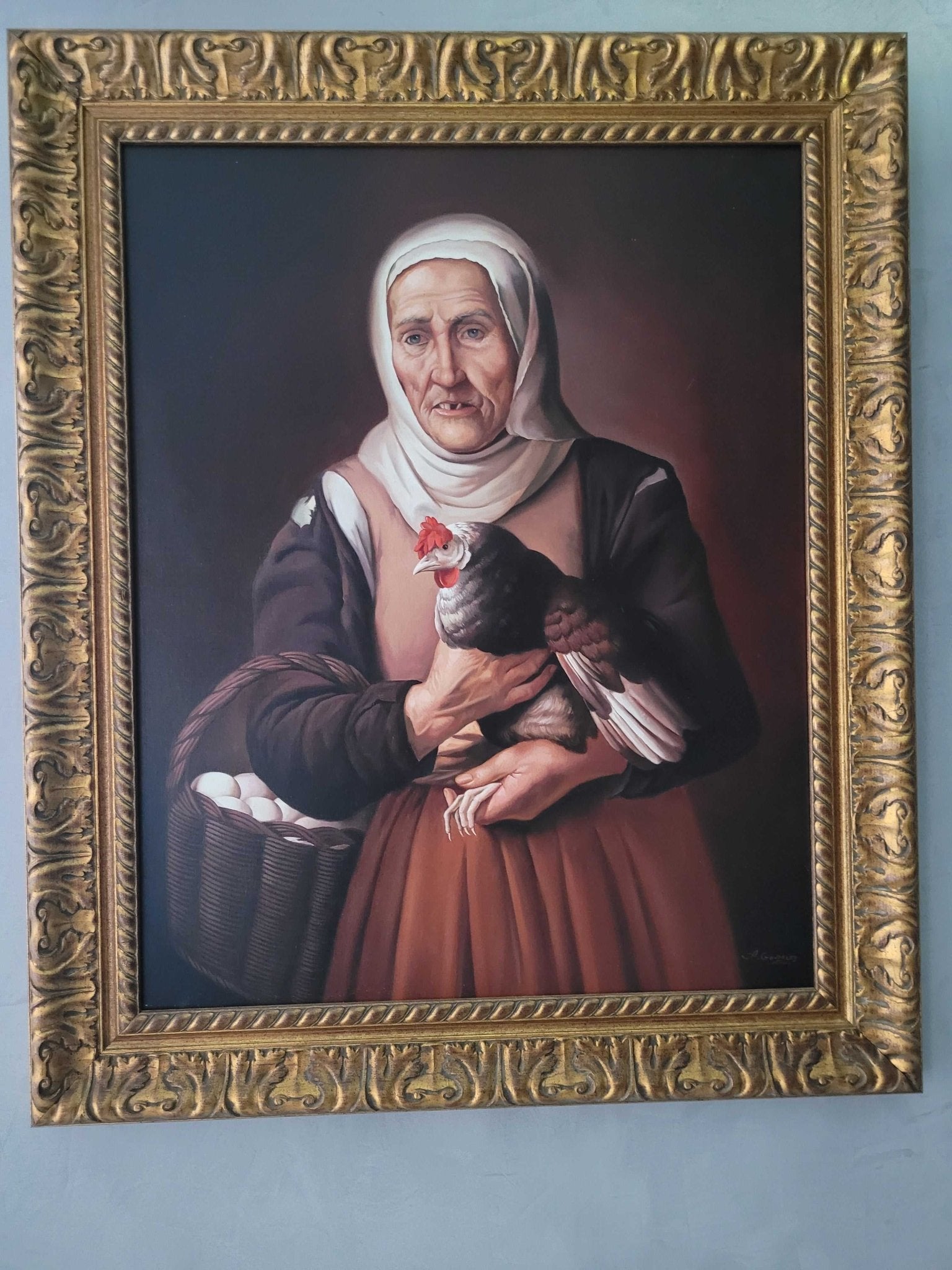 Oleo "Vieja con gallina y cesta de huevos" – Copia - Cositas Antiguas – La Guadaña, Anticuarios Online en Jerez , vender antigüedades, muebles antiguos