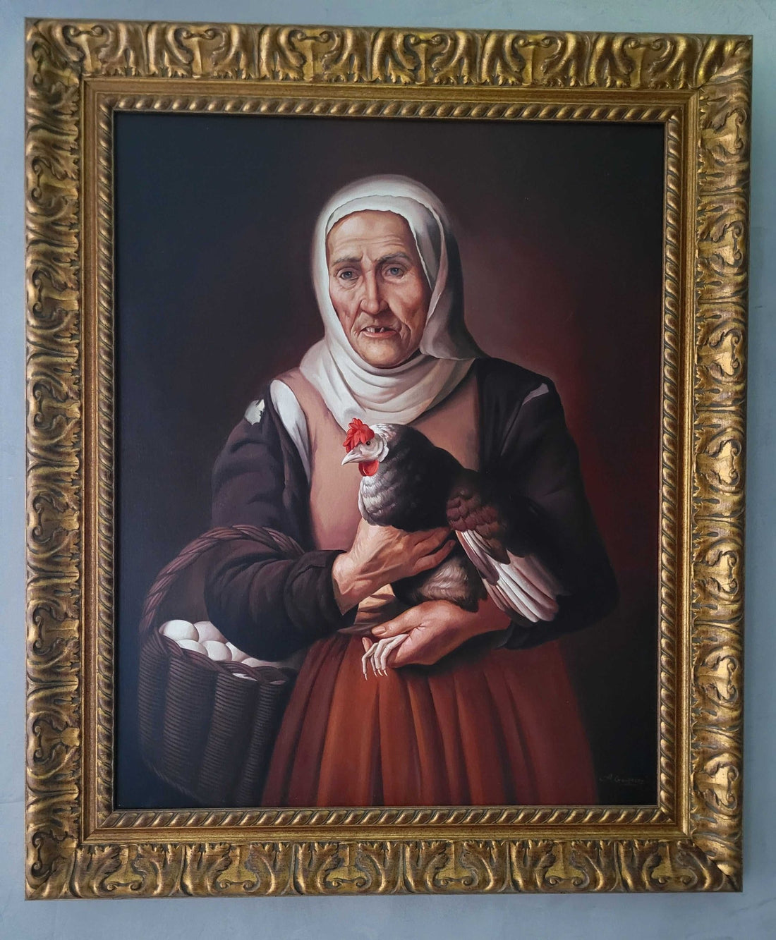 Oleo "Vieja con gallina y cesta de huevos" – Copia - Cositas Antiguas – La Guadaña, Anticuarios Online en Jerez , vender antigüedades, muebles antiguos
