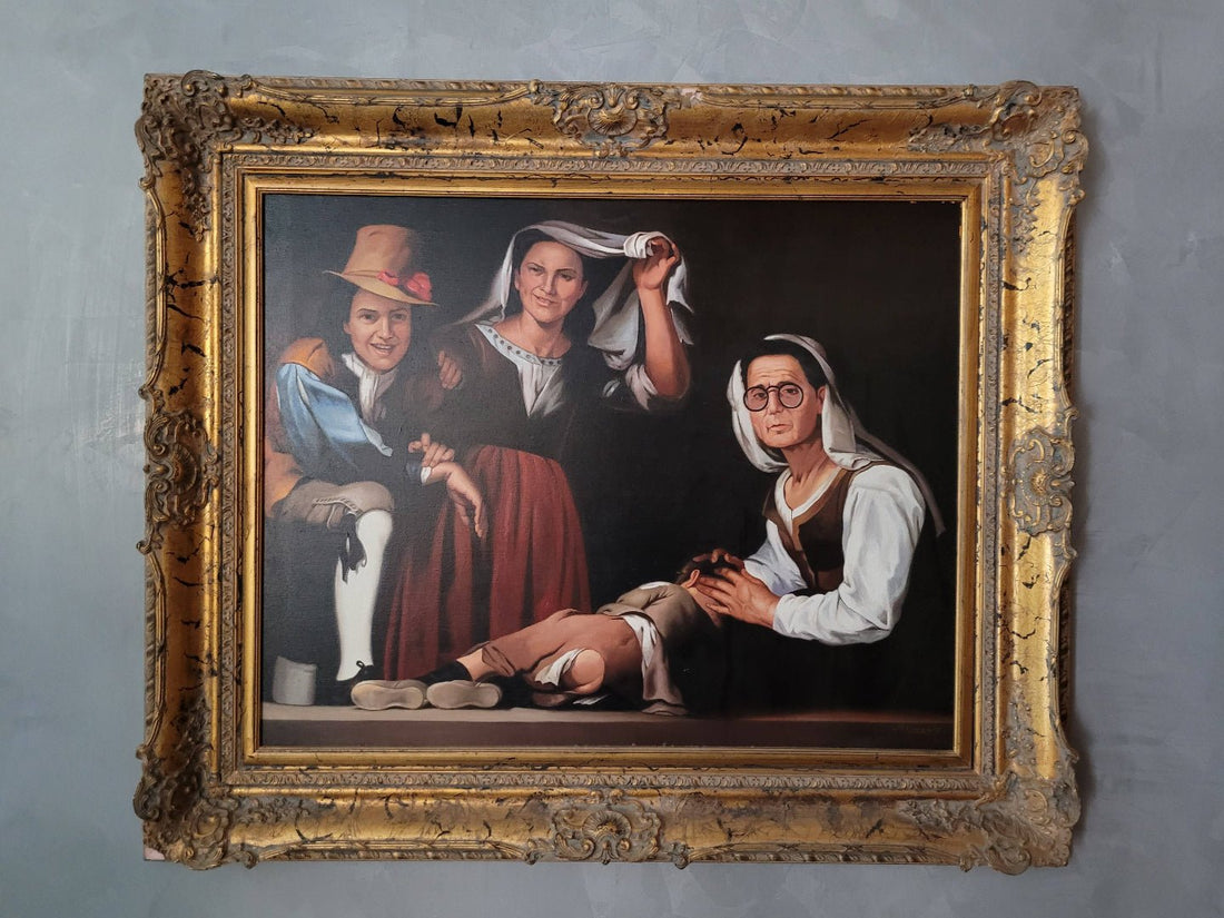 Óleo "Cuatro figuras en un escalón" de A. González en venta - Cositas Antiguas – La Guadaña, Anticuarios Online en Jerez , vender antigüedades, muebles antiguos