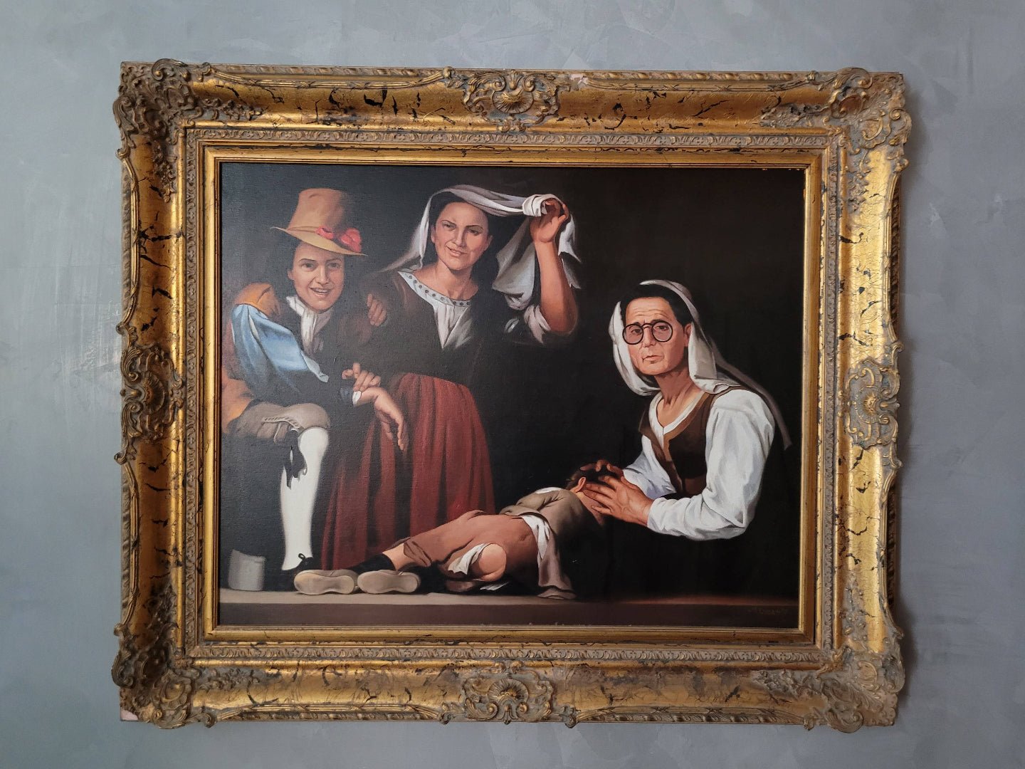 Óleo "Cuatro figuras en un escalón" de A. González en venta - Cositas Antiguas – La Guadaña, Anticuarios Online en Jerez , vender antigüedades, muebles antiguos