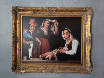Óleo "Cuatro figuras en un escalón" de A. González en venta - Cositas Antiguas – La Guadaña, Anticuarios Online en Jerez , vender antigüedades, muebles antiguos