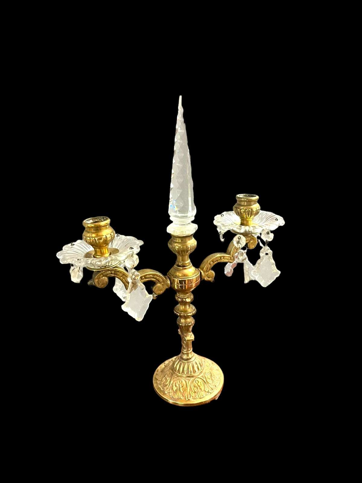 Pareja de candelabros antiguos de metal y cristal | Principios del siglo XX - Cositas Antiguas – La Guadaña, Anticuarios O
