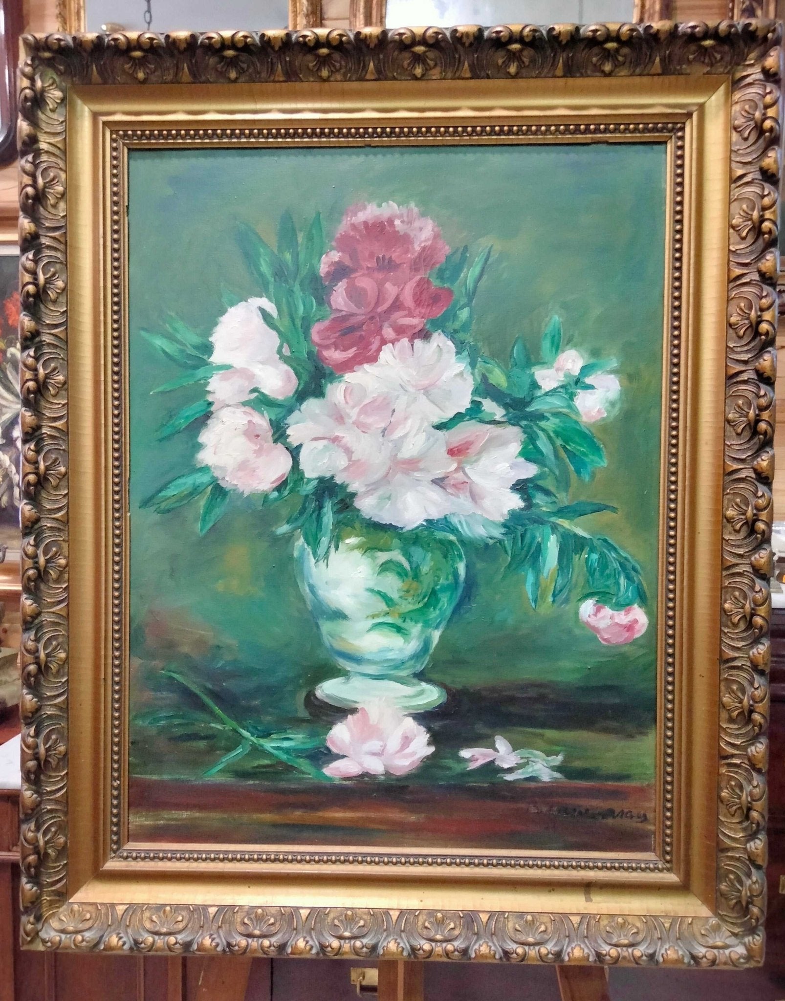 Oleo de florero – Pintado por B. Guamaras - Cositas Antiguas – La Guadaña, Anticuarios Online en Jerez , vender antigüedades, muebles antiguos
