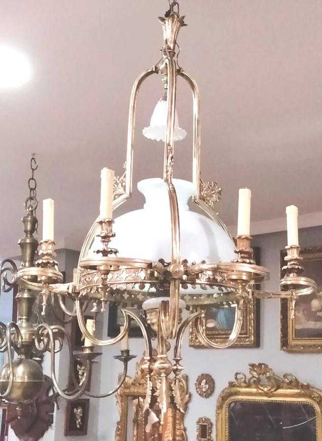 Lampara quinque de techo en bronce con tulipa central - Cositas Antiguas – La Guadaña, Anticuarios Online en Jerez , vender antigüedades, muebles antiguos