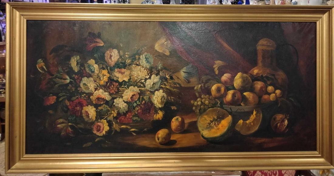 Oleo sobre lienzo bodegón con marco dorado, firmado Ramírez - Cositas Antiguas – La Guadaña, Anticuarios Online en Jerez , vender antigüedades, muebles antiguos