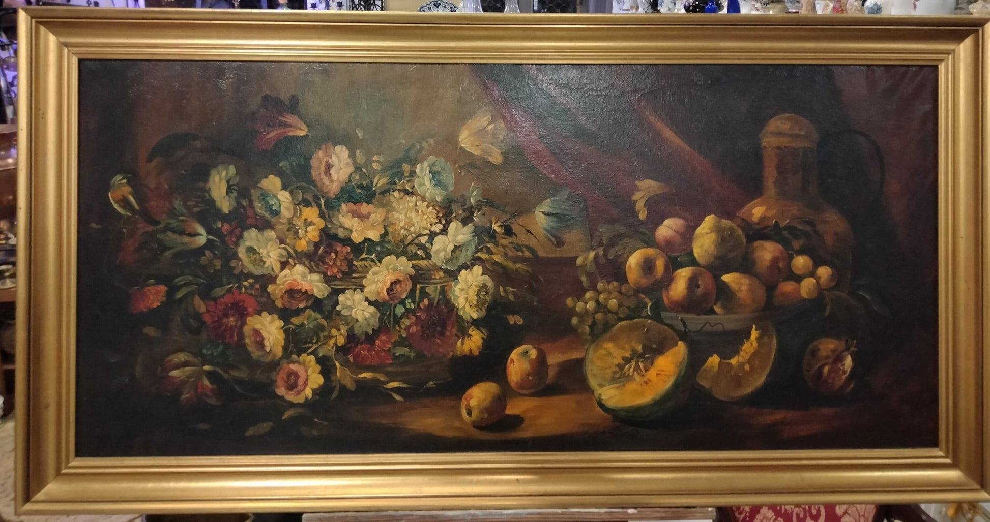 Oleo sobre lienzo bodegón con marco dorado, firmado Ramírez - Cositas Antiguas – La Guadaña, Anticuarios Online en Jerez , vender antigüedades, muebles antiguos