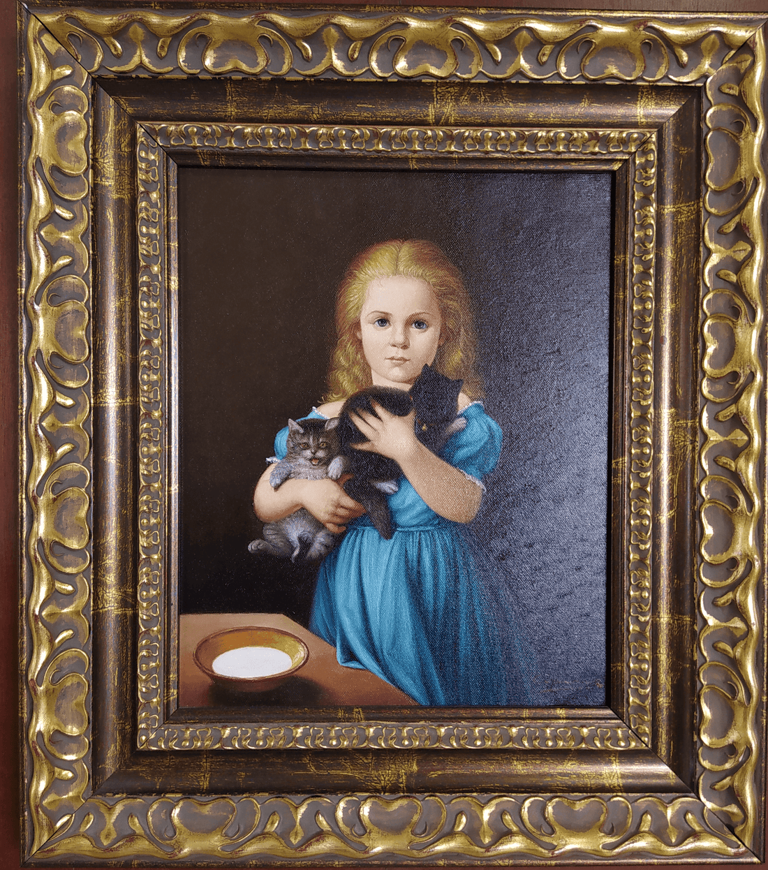 Óleo de niña con gato – Pintura de calidad - Cositas Antiguas – La Guadaña, Anticuarios Online en Jerez , vender antigüedades, muebles antiguos