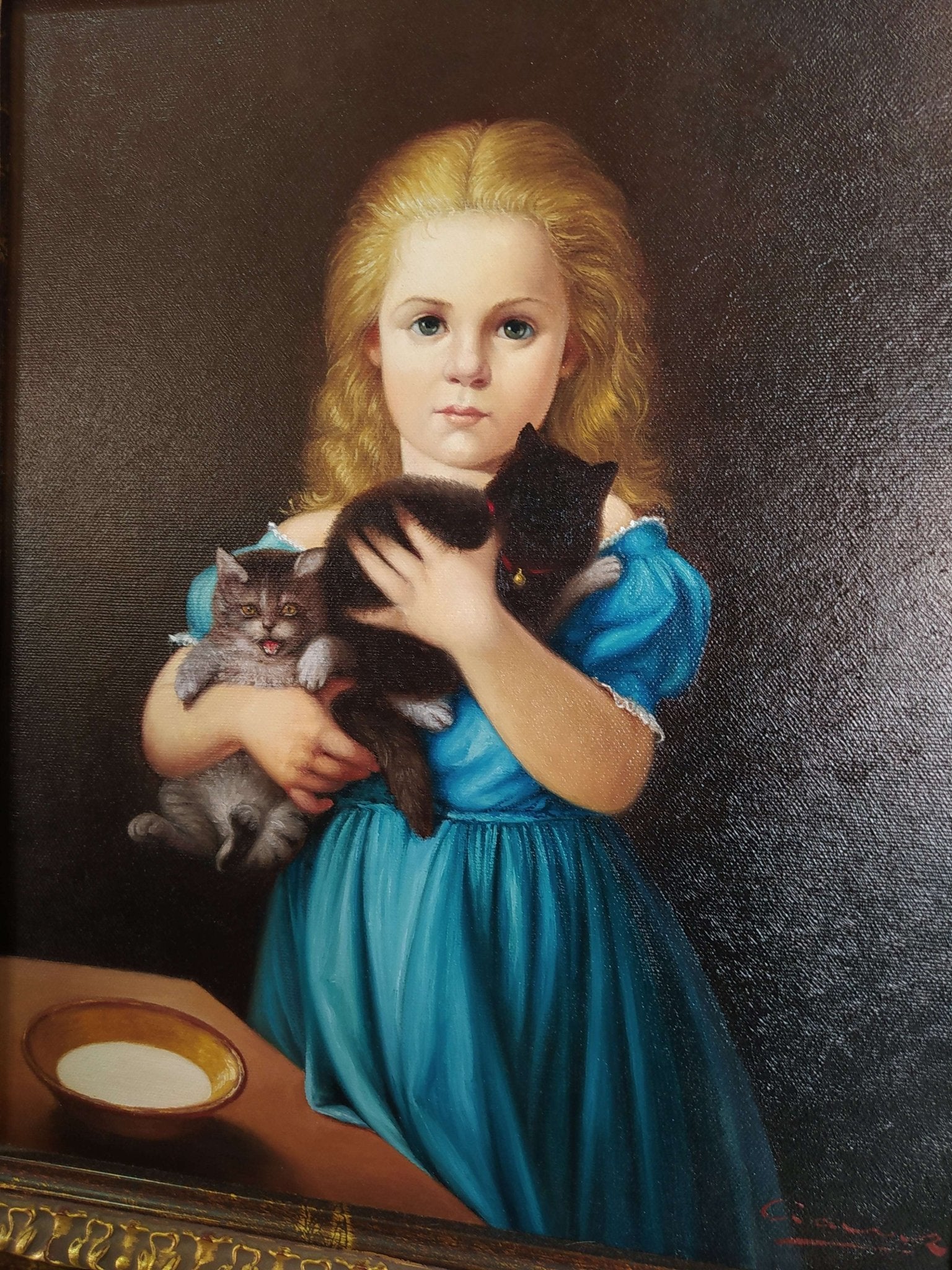 Óleo de niña con gato – Pintura de calidad - Cositas Antiguas – La Guadaña, Anticuarios Online en Jerez , vender antigüedades, muebles antiguos