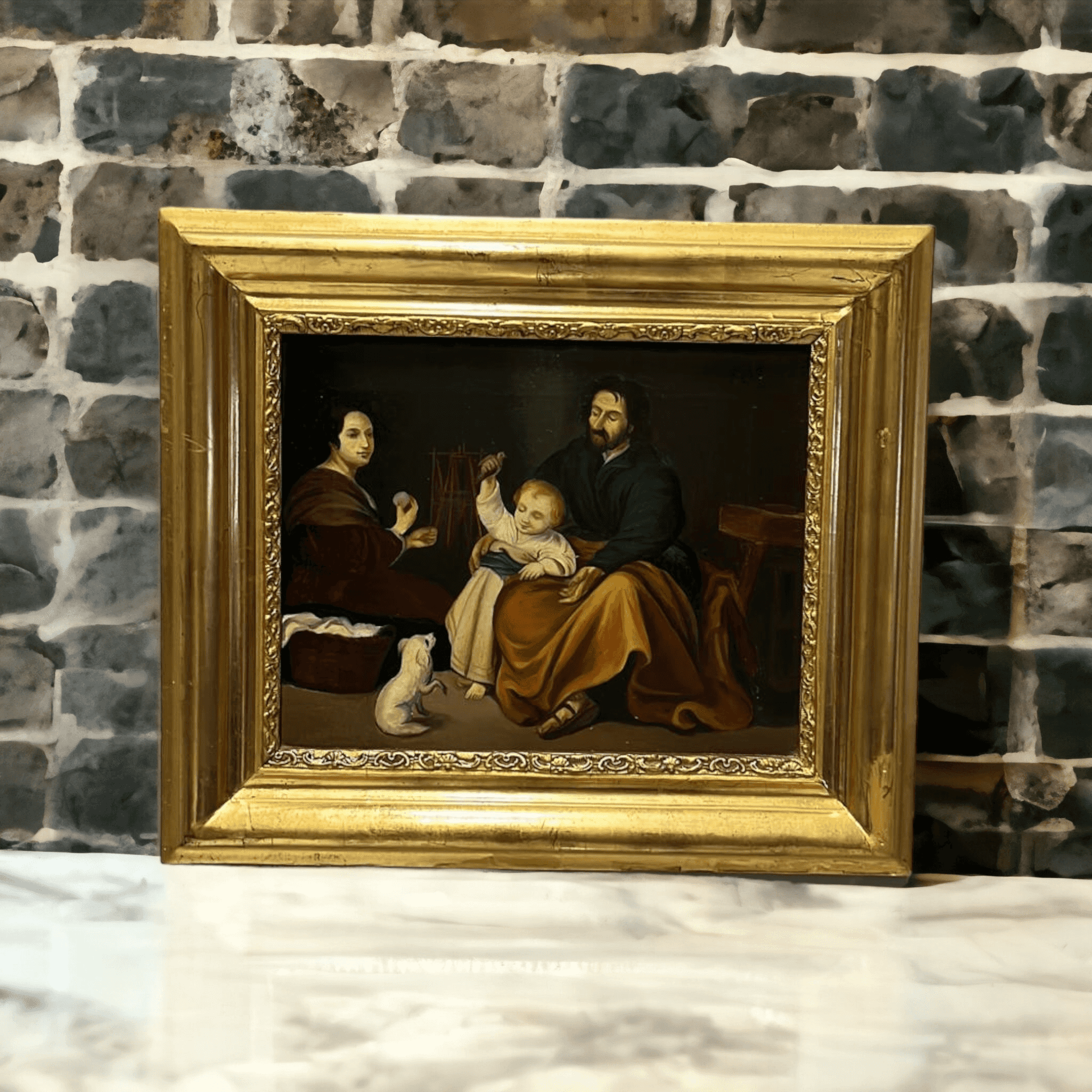 Óleo "Sagrada Familia del pajarito" – Copia de Murillo - Cositas Antiguas – La Guadaña, Anticuarios Online en Jerez , vender antigüedades, muebles antiguos