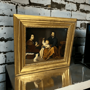 Óleo "Sagrada Familia del pajarito" – Copia de Murillo - Cositas Antiguas – La Guadaña, Anticuarios Online en Jerez , vender antigüedades, muebles antiguos